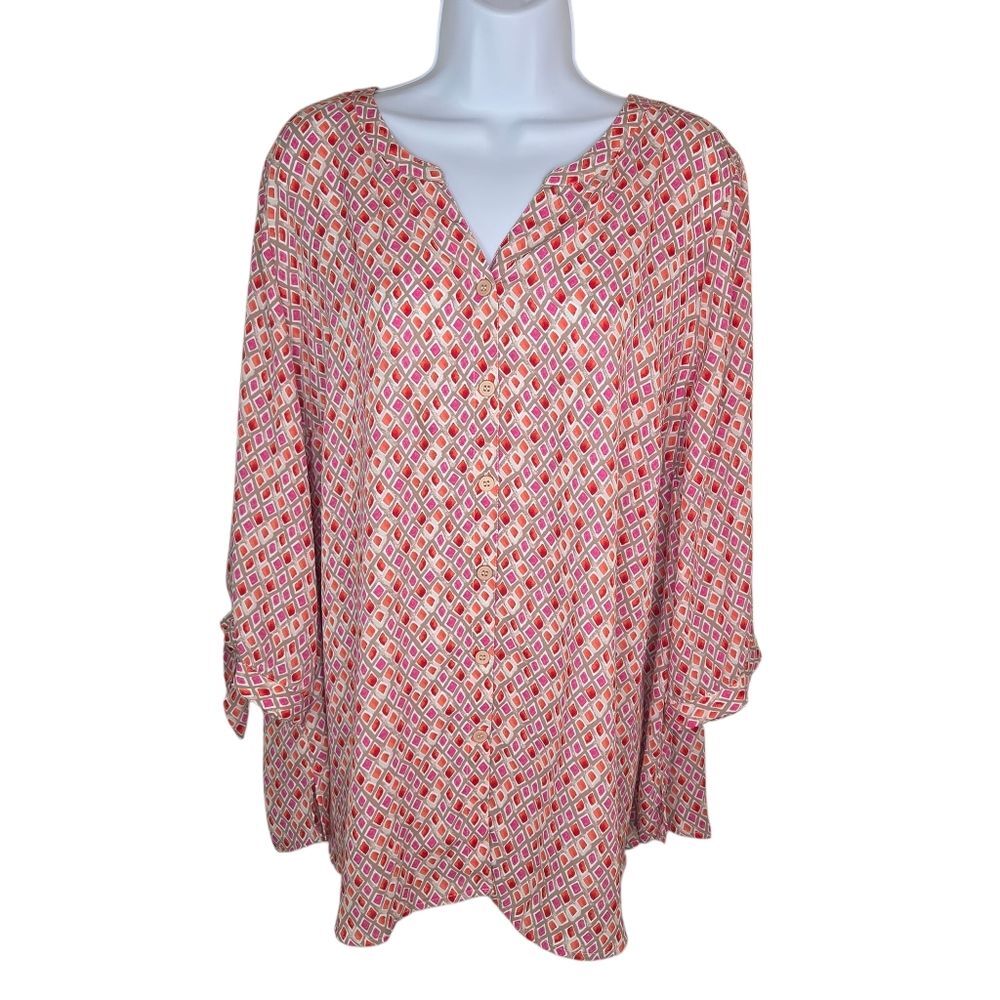 Catherines Diamond Print Tie Sleeve Button Down Blouse Top Size 1x